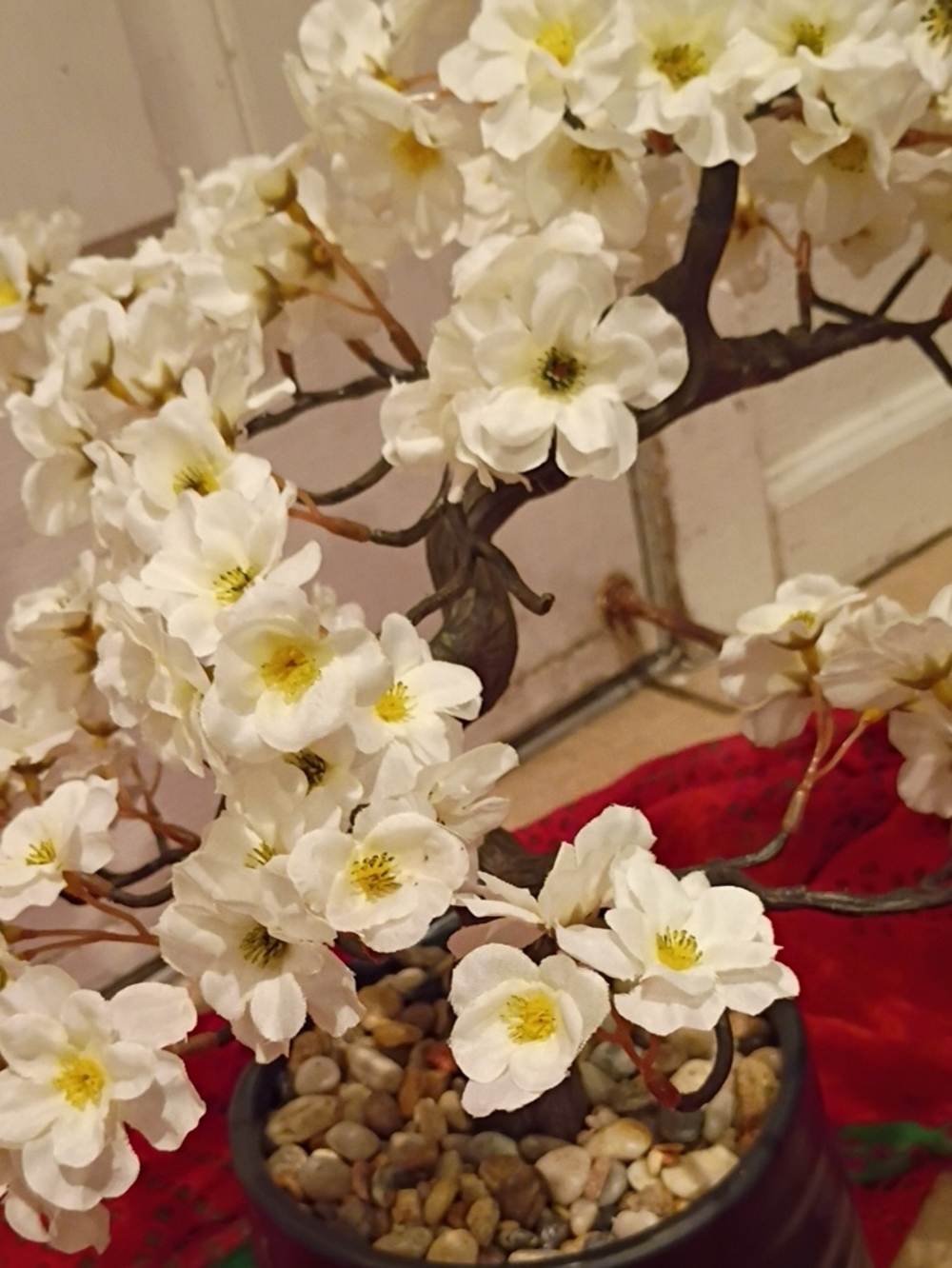 White Faux Blossom Bonsai Tree with Yellow Centers - Decorative Accent